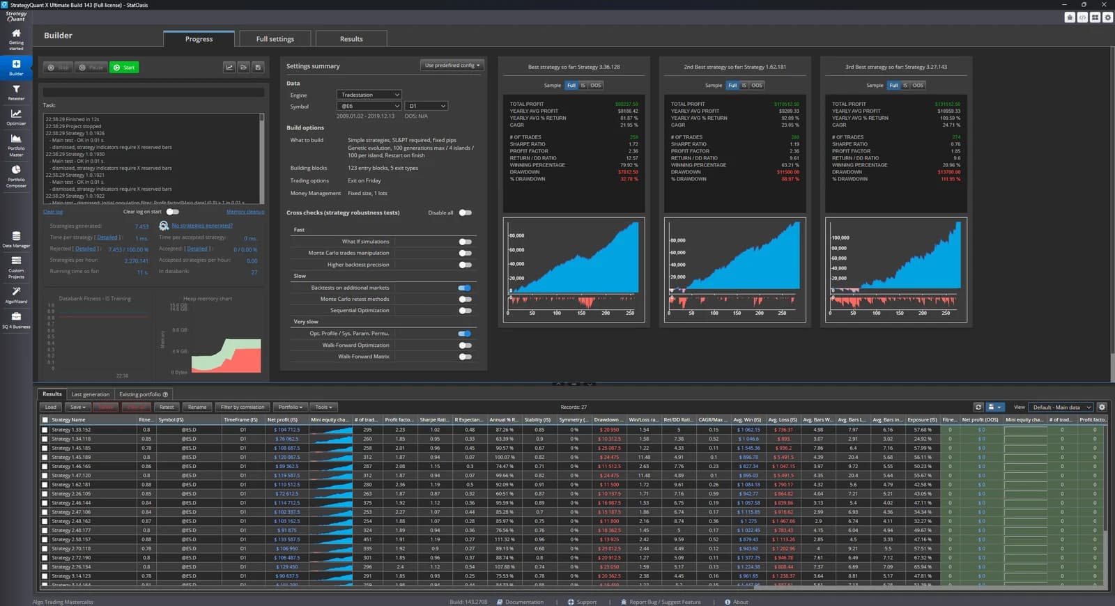 The StrategyQuant X Builder mid-run: 7,453 strategies generated, 27 accepted into the databank, with Monte Carlo, walk-forward optimization and walk-forward matrix listed among the robustness cross-checks.