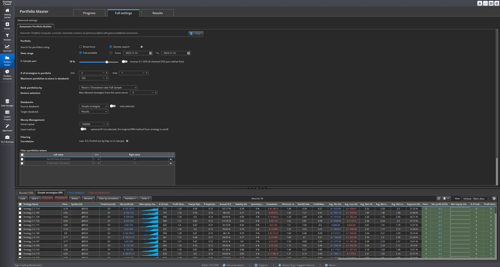 StrategyQuant X Portfolio Master, set to build portfolios of three to seven strategies ranked by return-over-drawdown, with a maximum correlation of 0.3, above a databank of 99 candidate strategies.